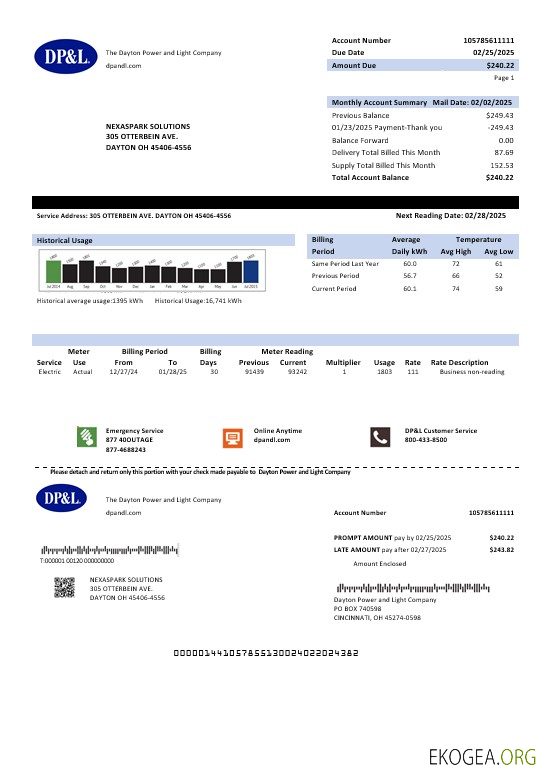 Modèle de facture de services publics pour les entreprises USA Ohio DP&L aux formats Word et PDF